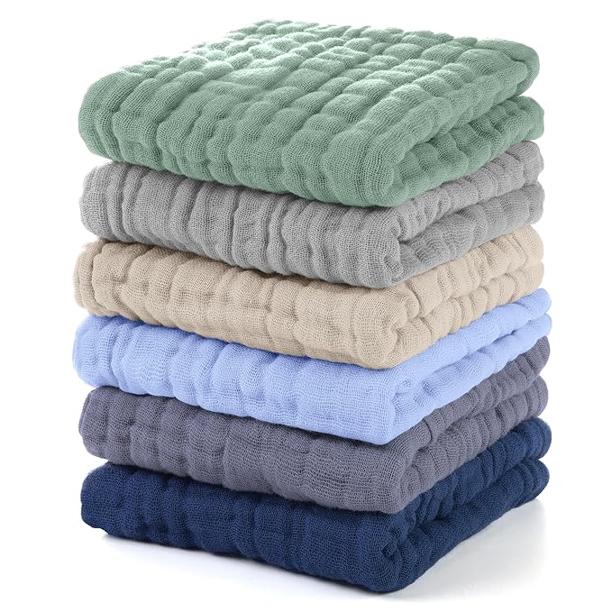 Unnivoll Muslin Baby Washcloths 6 Pack, 100% Cotton Wash Cloths for Babies, Large 12''X12'' Burp Cloths Absorbent and Soft for Newborn Infants Kids Boys Girls - Multicolor