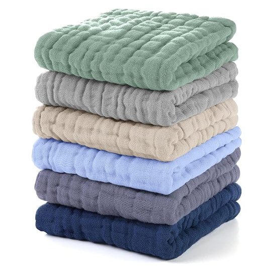 Unnivoll Muslin Baby Washcloths 6 Pack, 100% Cotton Wash Cloths for Babies, Large 12''X12'' Burp Cloths Absorbent and Soft for Newborn Infants Kids Boys Girls - Multicolor