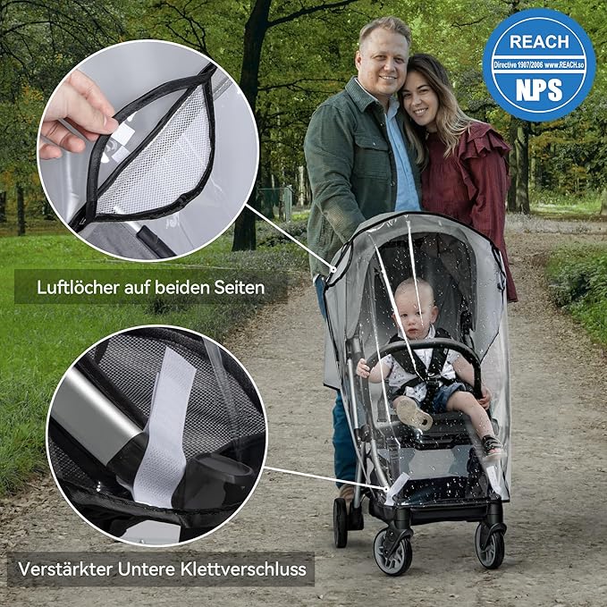 Bemece Stroller Rain Cover, Universal Stroller - Waterproof Windproof Travel Weather Shield Thick & Durable Protect from Dust and Snow with Breathable Ventilation Mesh Clear Visibility