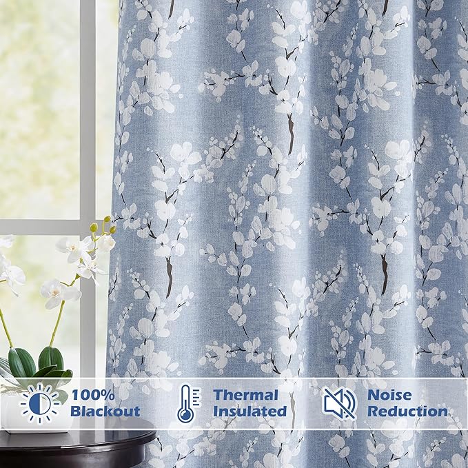 FMFUNCTEX Blue Floral Valance Curtain for Kitchen Windows/Bathroom/Living Room/Bedroom, Blossom Blackout Window Valance Thermal Insulated Rod Pocket Valance Curtains, 50" W x 18" L, 1 Panel