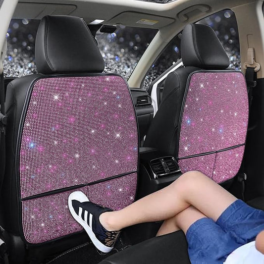 Bling Kick Mats for Car Seats with Pockets – Crystal Diamond Protectors for Girls & Women, Easy-to-Install Backseat Kick Mats with Storage & Sparkling Rhinestones Pink 2pcs