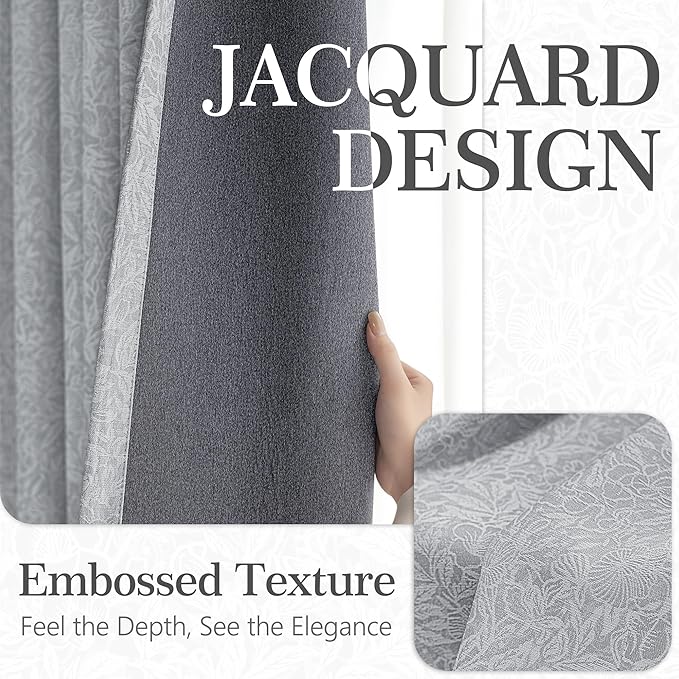 Metro Parlor Grey Floral Blackout Curtains 63 Inch Length for Bedroom, Jacquard Chenille French Vintage Flower Curtains for Living Room Darkening Thermal Insulated Gray Grommet Window Drapes,2 Panels