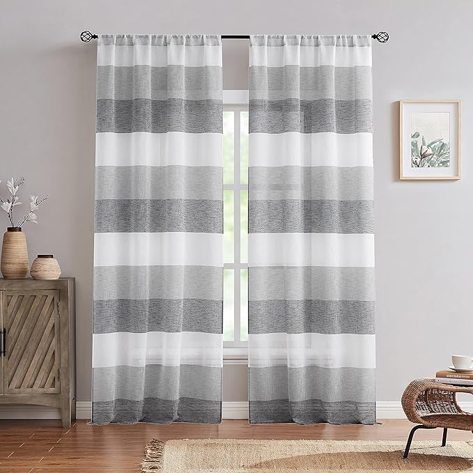 Central Park Gray Charcola Stripe Sheer Color Block Window Curtain Panel Linen Window Treatment for Bedroom Living Room Farmhouse 95 inches Long Rod Pocket, 2 Panel Rustic Drapes, 40"x95"x2