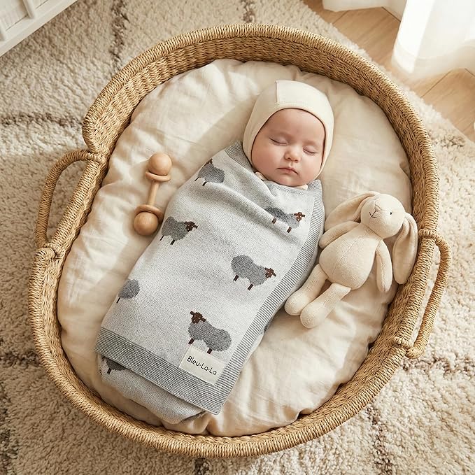Luxury Cotton Knit Swaddle Baby Blanket - Soft Cozy Lightweight Unisex Receiving Swaddler Stroller Quilt Blanket for Shower Gift Registry for Newborns Infants Toddlers (Sheep - Ivory)