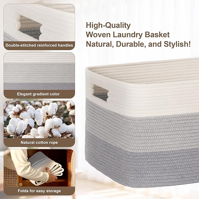 45L Small Laundry Basket with Leather Handles for Living Room Storage, Woven Rope Baskets Bin for Blanket, Kids Toy, Gifts, Wicker Hamper for Bedroom Dirty Clothes, 18"x14"x11" Gradient Grey