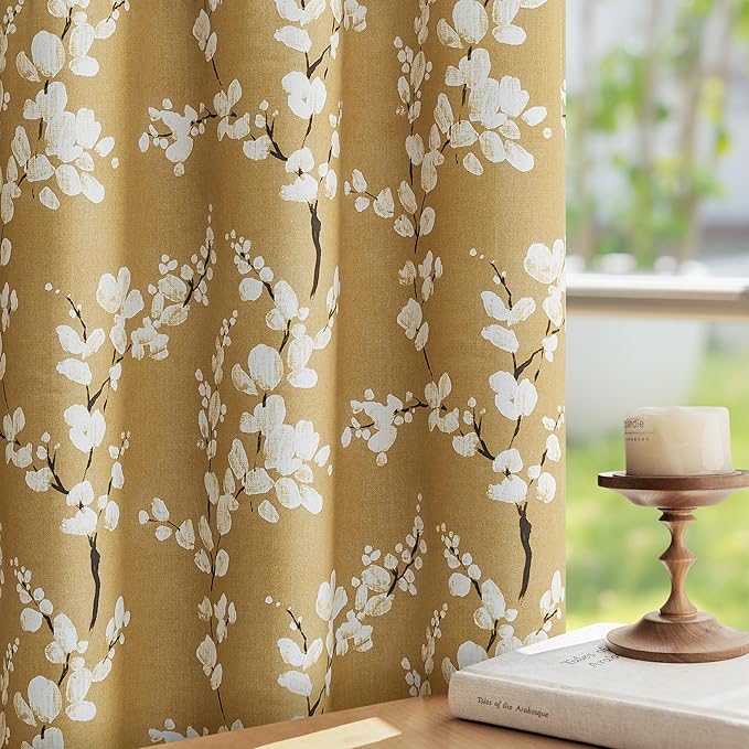 FMFUNCTEX 100% Blackout Floral Curtains for Living Room, Mustard Yellow Curtain 96 inches Long Blossom Patterned for Bedroom, Thermal Insulated Farmhouse Drapes, Grommet Top 2 Panels (White on Yellow)