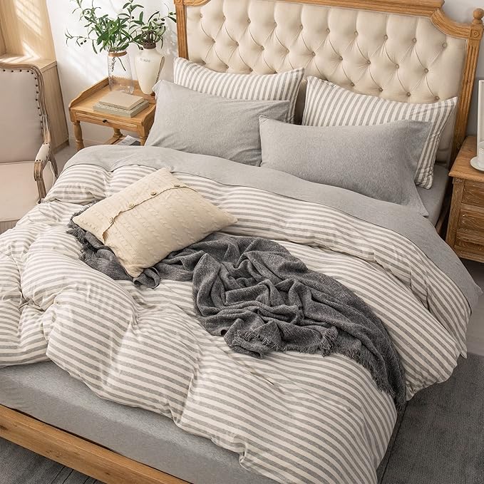 PURE ERA Jersey Knit 4pc Bed Sheet Set 100% T-Shirt Heather Cotton Super Soft Comfy Breathable Fits Mattress Up to 20" Extra Deep Pocket (Heather Light Grey, Full)