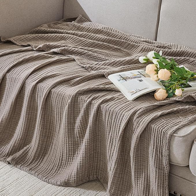 EMME Cotton Muslin Twin XL Blanket Breathable Gauze Soft Lightweight Blankets Adults Gifts for Women (Heather Brown, 66"x90")