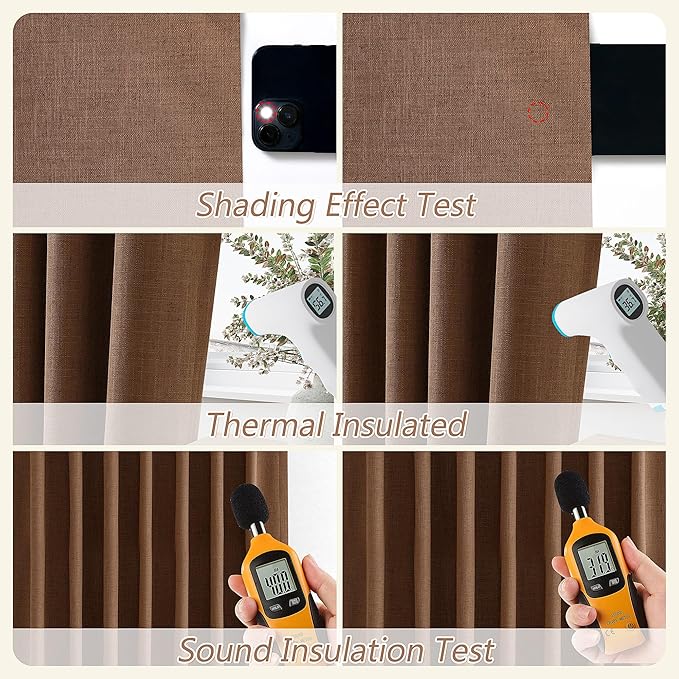 Guken 100% Blackout Linen Curtains 80 Inch Length 2 Panels Set for Living Room Bedroom Back Tab Thermal Insulated Black Out Linen Drapes Room Darkening Window Curtains,Caramel Brown
