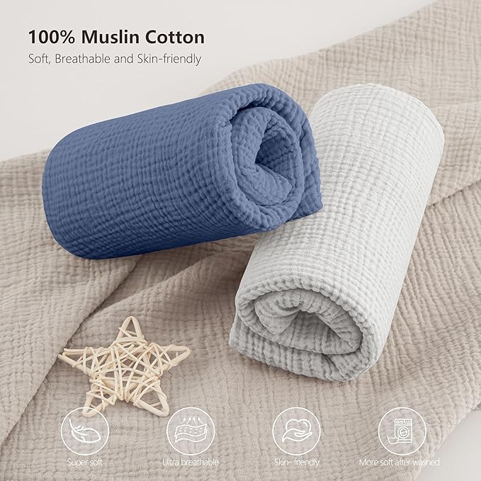 Bearmoss Muslin Mini Crib Sheets for Pack N Play Mattress - 100% Cotton - 38"x26" Soft Breathable Playard Baby Crib Sheets Neutral for Boys Girls - 2 Pack (Blue Elephant)