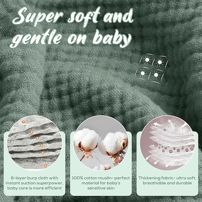 LILY O LAUREL Muslin Burp Cloths, 20"x10"- Pack of 8, 6 Layers Super Soft Absorbent & Breathable 100% Cotton for Baby Drool and Messes, Burp Cloth Baby Boy and Burp Cloths Baby Girl