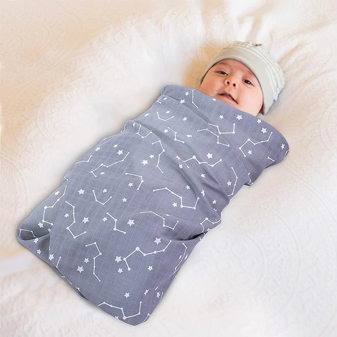 Little Grape Land Muslin Swaddle Blankets 47''x47'' 3 Pack, 100% Cotton Large Size Baby Swaddles for Newborn, Soft Breathable Baby Blankets for Newborns, Stars/Grey