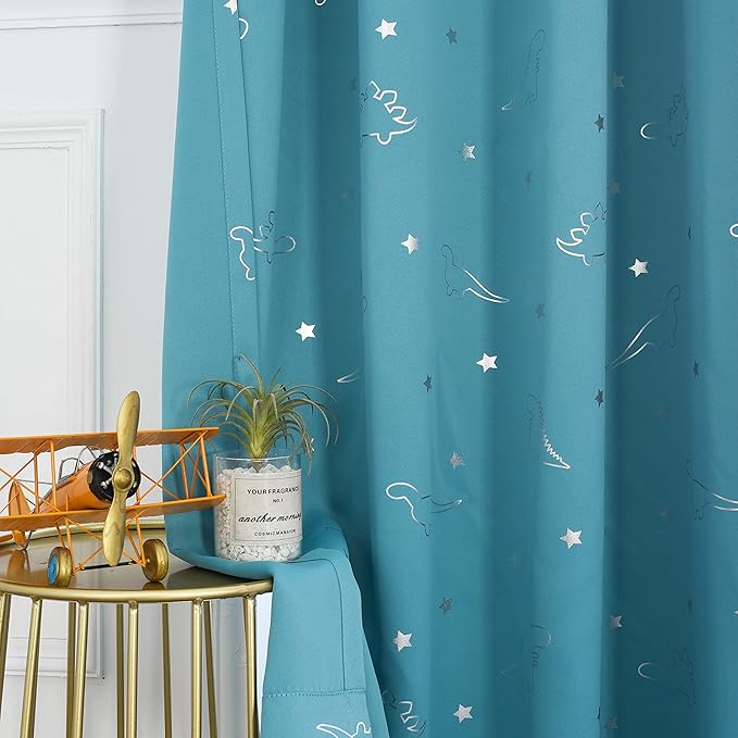 LORDTEX Dinosaur and Star Foil Print Blackout Curtains for Kids Room - Thermal Insulated Curtains Noise Reducing Window Drapes for Boys and Girls Bedroom, 42 x 84 Inch, Teal, Set of 2 Panels