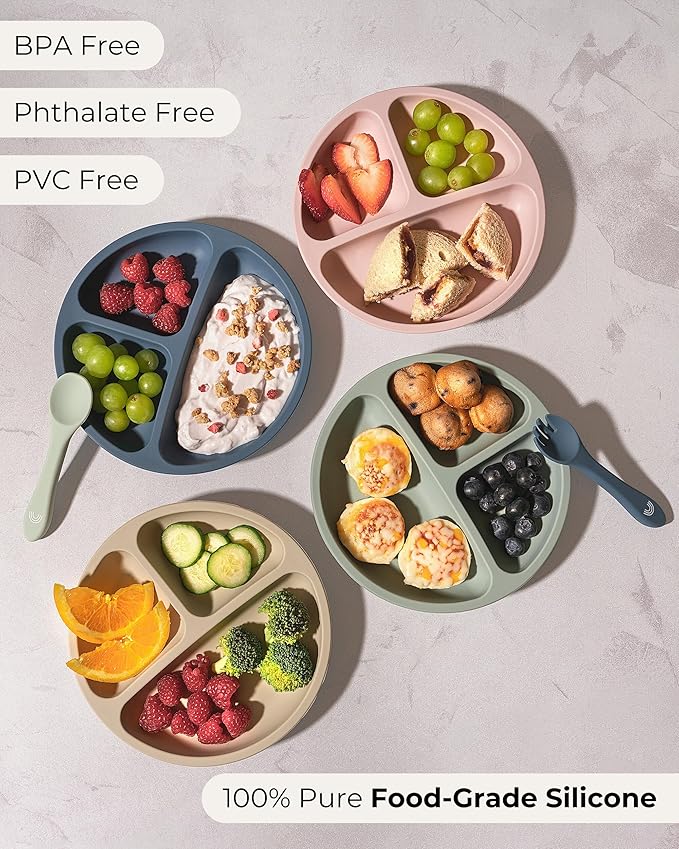 Hippypotamus Toddler Plates with Suction - Baby Plates - 100% Food-Grade Silicone Divided Plates - BPA Free - Dishwasher Safe - Set of 3 (Lavender/Lime/Teal)