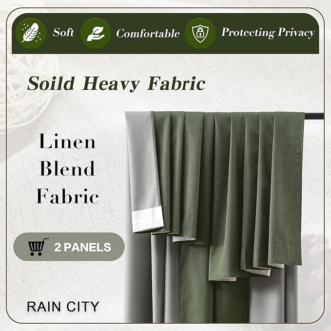 RAIN CITY Extra Wide Linen Blackout Curtains & Drapes with Hooks 70 in Width for 60&72 Inch Window 2 Panels,Back Tab Pleated Curtains for Track System Sliding Glass Door 70x108,Loden Olive Green