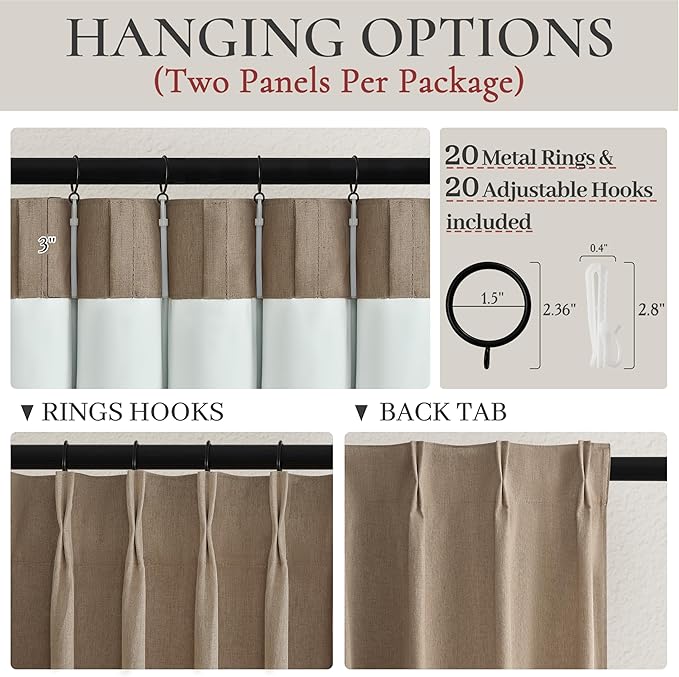 Pinch Pleated Blackout Curtains 60 Inches Wide for Living Room, Room Darkening Linen Blend Viral Large Window Curtain for Bedroom Thermal Soundproof Rust Brown Drapes (60"W x 96"L x 2Panels)