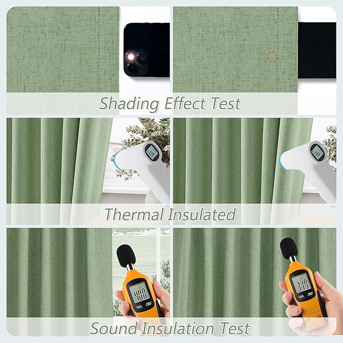 Guken 100% Blackout Linen Curtains 108 Inch Length 2 Panels Set for Living Room Bedroom Back Tab Thermal Insulated Black Out Linen Drapes Room Darkening Window Curtains,Light Sage