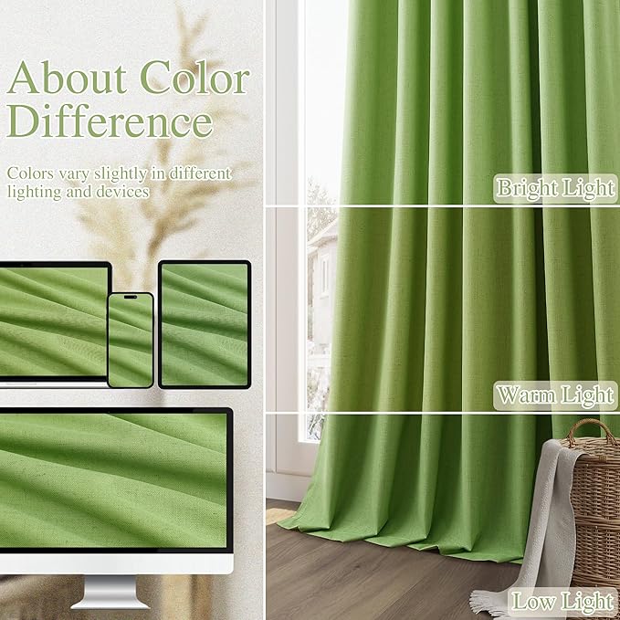 Guken 100% Blackout Curtains 90 Inch Length 2 Panels Set for Living Room Bedroom Back Tab Thermal Insulated Black Out Linen Drapes Room Darkening Lime Green,52x90