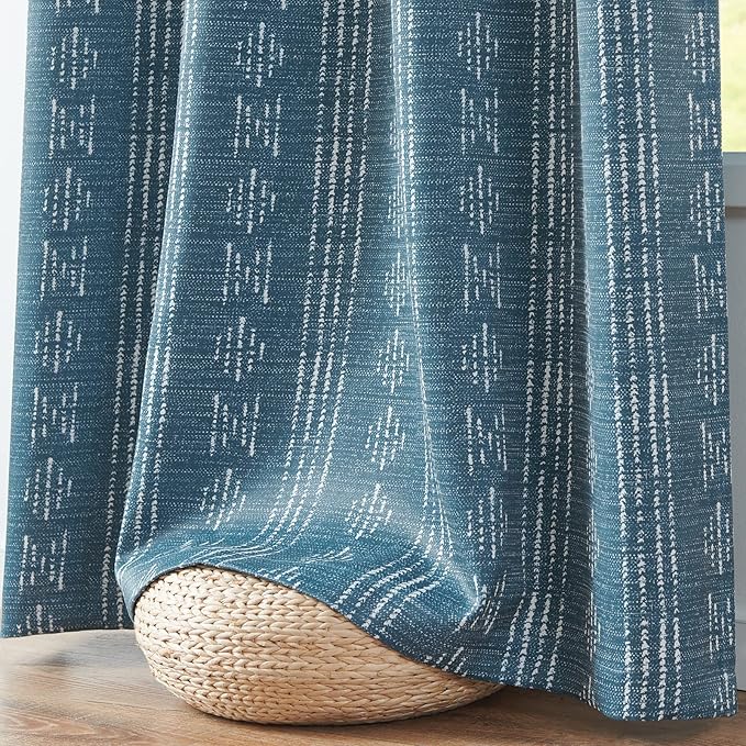 jinchan 95% Blackout Boho Curtains 54 Inch Length for Bedroom White on Blue Geometric Printed Grommet Top Room Darkening Thermal Insulated Window Drapes 2 Panels