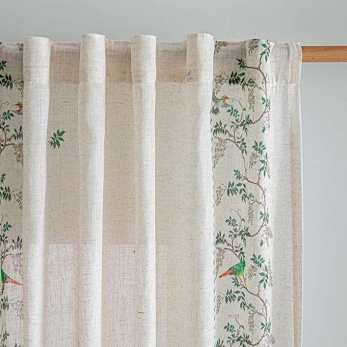 MYSKY HOME Boho Curtains for Bedroom 63 Inch Long Linen Look Semi Sheer Back Tab Drapes Leaf Bird Bohemian Style Texture Window Treatment for Living Room Decoration, 2 Pcs, Green, 50" Wide