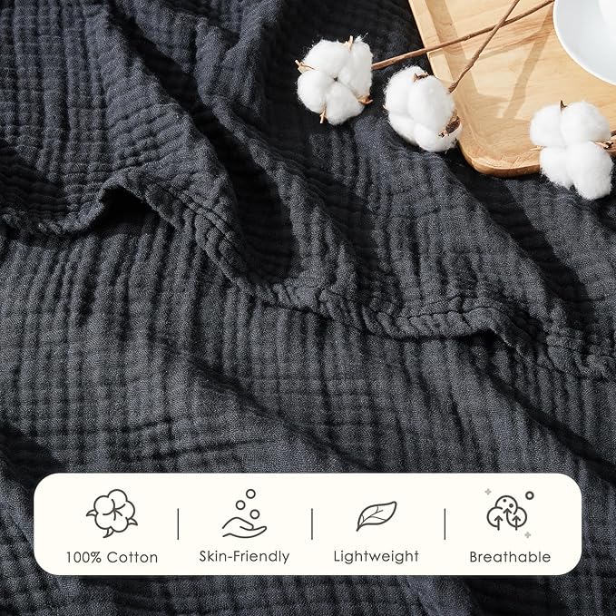 EMME Cotton Muslin Queen Blanket Bed Layering Breathable Gauze Blanket Soft Lightweight Blankets Adults (Black, 90"x90")