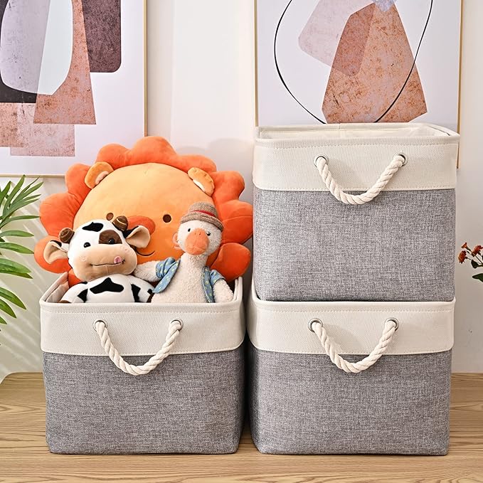 HOdo Home 15.8×11.8×9.5 In/3PCS Storage Bins, Fabric Bin with Drawstring Closure and 2 Bold Handles, Collapsible Large Canvas Baskets for Organizing Shelf Nursery Home Closet (White and Grey)