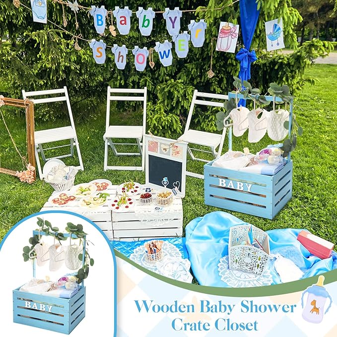 Barydat Wooden Baby Shower Crate Closet, Baby Basket with Handle, Personalized Basket Gifts, Easy Assembly Baskets for Newborn Boy Girl Welcome Gift for New Mom Parents(Blue)