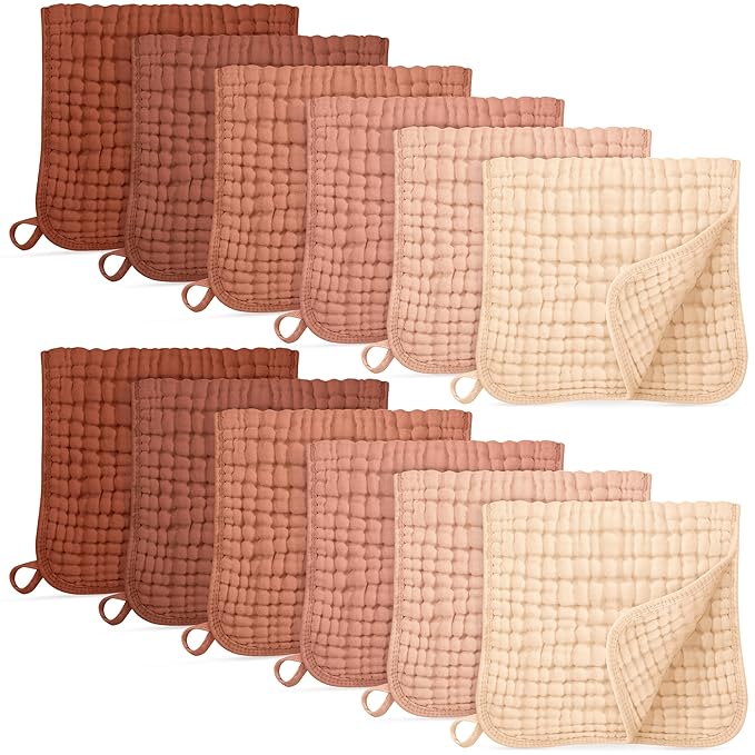 Unnivoll Muslin Burp Cloths for Baby 100% Cotton Burping Cloths for Boys Girls Large 20''X10'' Extra Soft and Absorbent 12 Pack - Gradient Caramel