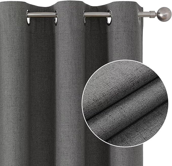 Joydeco Dark Grey Blackout Curtains 90 Inch Long 2 Panels Set, Faux Textured Linen Thermal Insulated Burlap Curtain & Drapes, Grommet Room Darkening Drapes for Bedroom Living Room