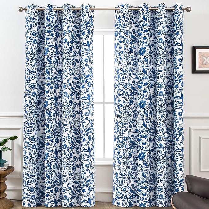 DriftAway Julia Watercolor Blackout Room Darkening Lined Thermal Insulated Energy Saving Window Curtains 2 Layers 2 Panels Each Size 52 Inch by 96 Inch Navy