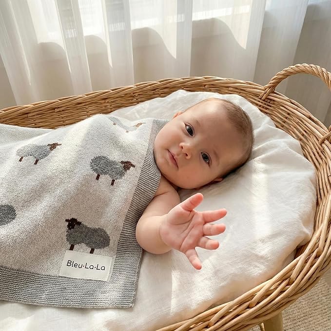 Luxury Cotton Knit Swaddle Baby Blanket - Soft Cozy Lightweight Unisex Receiving Swaddler Stroller Quilt Blanket for Shower Gift Registry for Newborns Infants Toddlers (Sheep - Ivory)