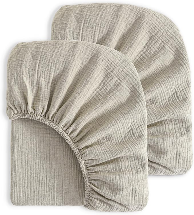 NTBAY 2 Pack Muslin Cotton Mini Crib Sheets, Soft and Breathable Double Layer 24x38 Baby Crib Sheets for Mini Crib and Toddler Mattresses, Boys, Girls, Unisex, Khaki, 24x38 Inches