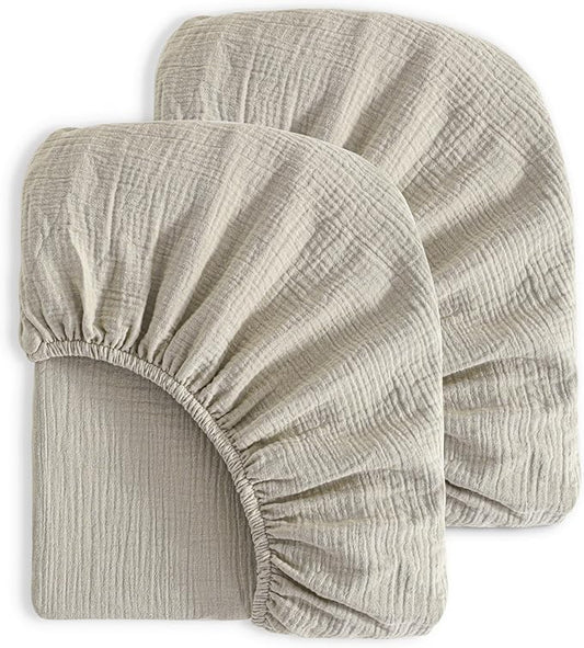 NTBAY 2 Pack Muslin Cotton Mini Crib Sheets, Soft and Breathable Double Layer 24x38 Baby Crib Sheets for Mini Crib and Toddler Mattresses, Boys, Girls, Unisex, Khaki, 24x38 Inches