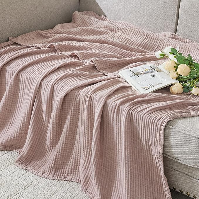 EMME Cotton Muslin Queen Blanket Bed Layering Bedspread Coverlet Breathable Gauze Soft Lightweight Blankets (Heather Dusty Pink, 90"x90")