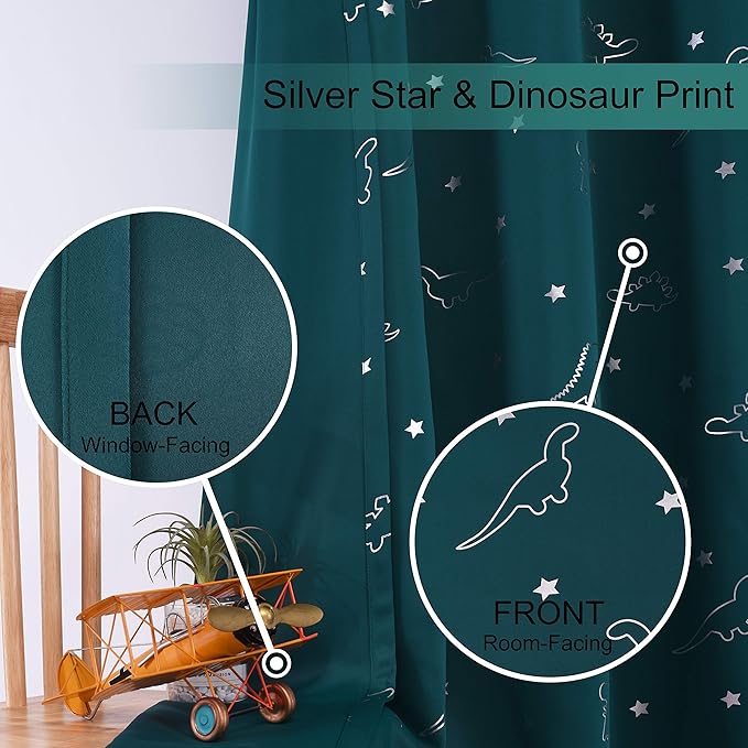 LORDTEX Dinosaur and Star Foil Print Blackout Curtains for Kids Room - Thermal Insulated Curtains Noise Reducing Window Drapes for Boys and Girls Bedroom, 42 x 63 Inch, Sapphire, Set of 2 Panels