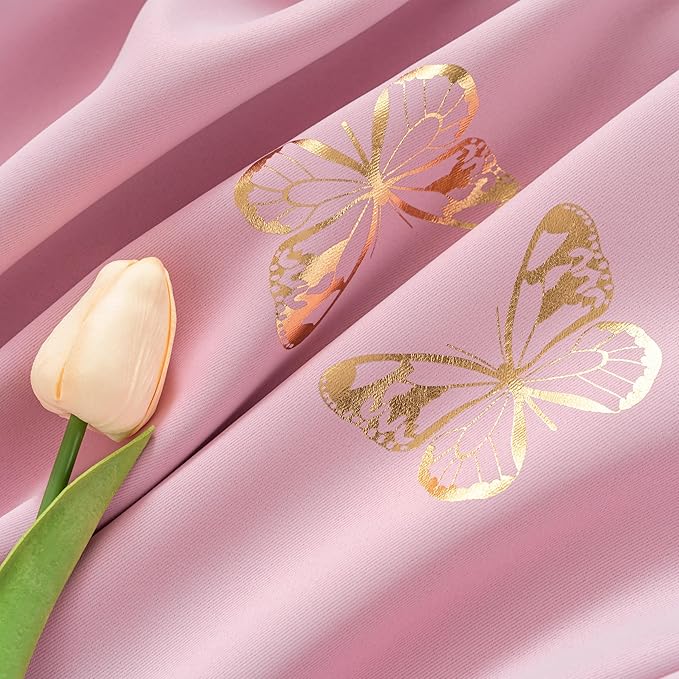 Jubilantex Gold Butterfly Print Blackout Curtains 95 Inches Long for Bedroom Kids Bedroom Nursery Floral Print Window Curtains with Black Layer,Grommet Top 2 Panels
