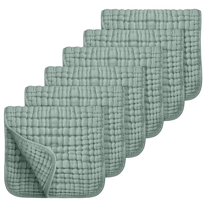 Looxii Muslin Burp Cloths 6 Pack - 20" x 10" - Ultra Soft & Absorbent, 6-Layer 100% Cotton for Spit Up & Drool- Gentle Baby Burping Cloth, Newborn Boys Girls Essentials, Dark Green