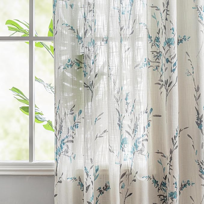 MYSKY HOME Linen Sheer Curtains 84 inches Long for Living Room Window Curtains Light Filtering Privacy Protect Farmhouse Style Decorative Texture Soft Touch for Dining Room/Cafe, Teal, 2 Pcs