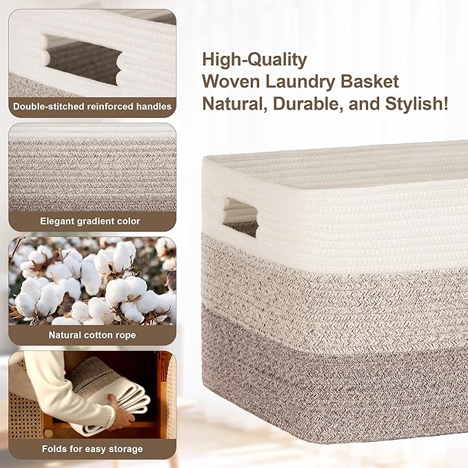 45L Small Laundry Basket with Leather Handles for Living Room Storage, Woven Rope Baskets Bin for Blanket, Kids Toy, Gifts, Wicker Hamper for Bedroom Dirty Clothes, 18"x14"x11" Gradient Brown