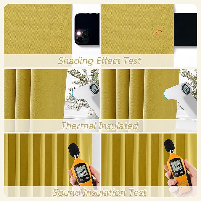 Guken 100% Blackout Curtains 120 Inch Length 2 Panels Set for Living Room Bedroom Back Tab Thermal Insulated Black Out Linen Drapes Room Darkening Celery Yellow,52x120