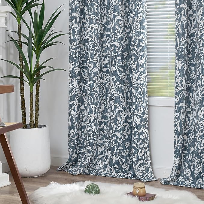 jinchan Blackout Curtains for Bedroom, Blue Scroll Floral Patterned Curtains 63 Inch Length for Living Room, Farmhouse Vintage Art Deco Drapes, Thermal Insulated Window Curtains Grommet 2 Panels