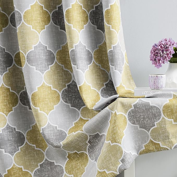 Full Blackout Curtains 63 Inches Long 2 Panels Gray Yellow Moroccan Geo Lattice Drapes Room Darkening Thermal Insulated Noise Reducing Grommet Top Window Treatments Sets for Bedroom, 52" W