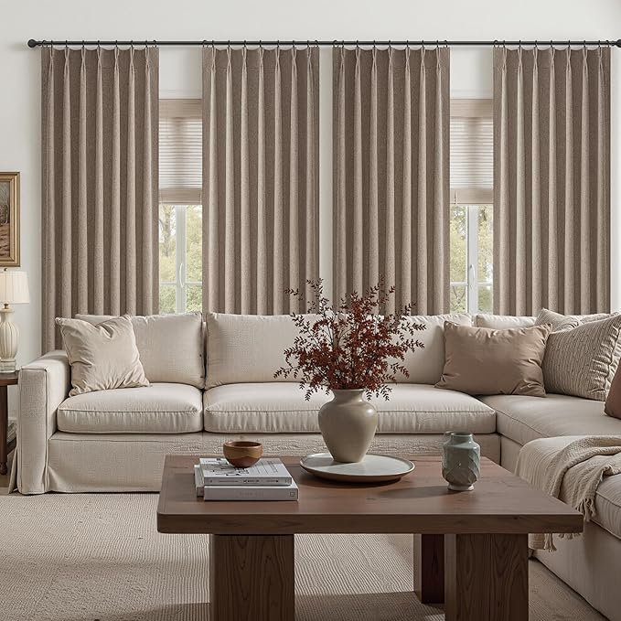 Dark Flax Primitive Curtain 108 Inch Long 2 Panels Burg,Chocolate Pinch Pleated Linen Blended 9 ft Floor Length to Ceiling Traverse Curtains for Living Room Blackout Drapes Sun Blocking Window