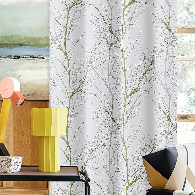 FMFUNCTEX 100% Blackout Curtains Sage Green Tree Liner Curtains for Bedroom, Branch Partterned Curtains 84 inch Length for Living Room, Room Darkening Thermal Insulated Drapes, Grommet Top 2 Panels