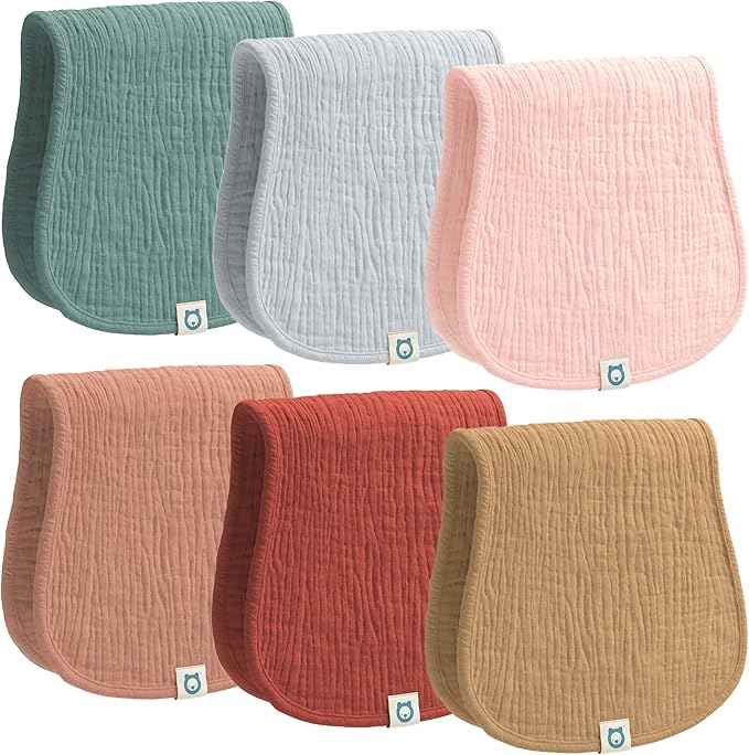 ROMY RO Muslin Burp Cloths Set, 6 Pieces, 100% Organic Cotton Hand Washcloths for Baby Boys and Girls Extra Absorbent and Soft Burping Rags (Earth - Multi Colored)