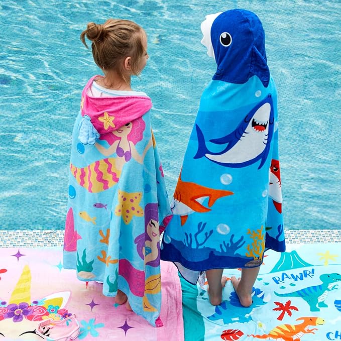 Joiedomi Shark Hooded Towels for Kids Soft 100% Cotton Kids Beach Towel 30" x 50" for 3-10 Years Boy Girl Beach Hooded Poncho Absorbent Pool Toddler Swim Bath Wrap