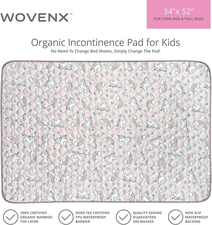 WOVENX Organic Incontinence Pads for Kids & Toddlers - 5 Layer Waterproof Protectors for Overnight Bed Wetting - Reusable & Washable Pee Pads - Fits Twin to Full Size Beds - 34" x 52" Unicorn