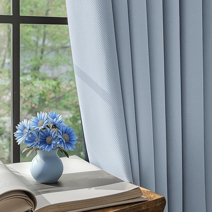 FMFUNCTEX 100% Blackout Curtains for Bedroom, Smoky Blue Curtains 96 Inches Long Textured Thermal Insulated Curtains for Living Room Drapes, Black Out Drapery Grommet Room Darkening 2 Panels