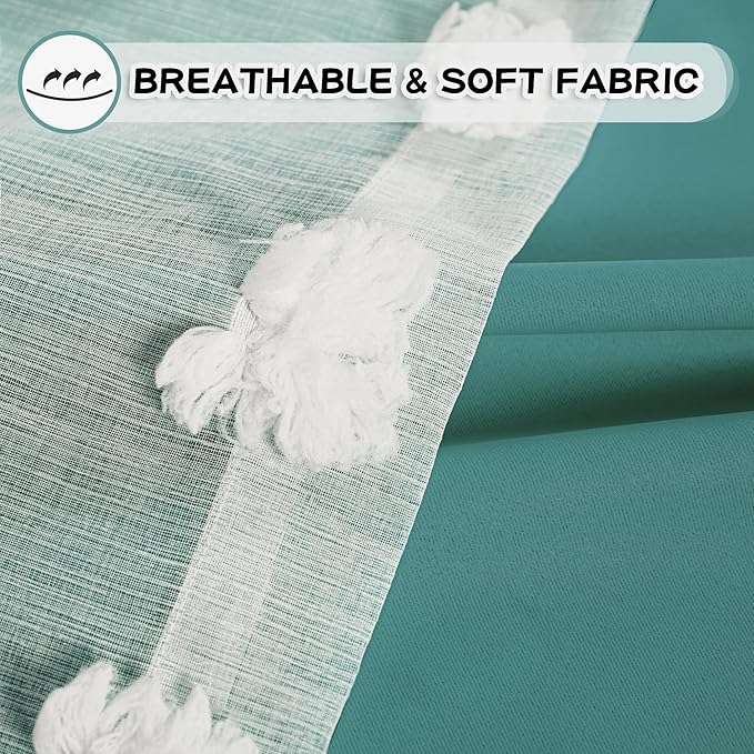 MYSKY HOME Teal Living Room Curtains Kids Curtains for Boys Bedroom 84 Inches Long Double Layer Curtains for Kids Room Darkening Grommet White Pom Pom Sheer Blackout Curtains 52 x 84 Inch 2 Panels