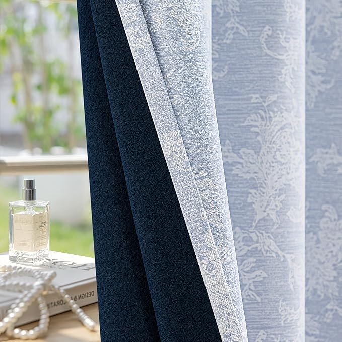 FMFUNCTEX Blue Floral Jacquard Blackout Curtains 84 Inches Long for Bedroom, Scroll Flower Chenille Farmhouse Curtains for Living Room Darkening Thermal Insulated Grommet Window Drapes 2 Panels